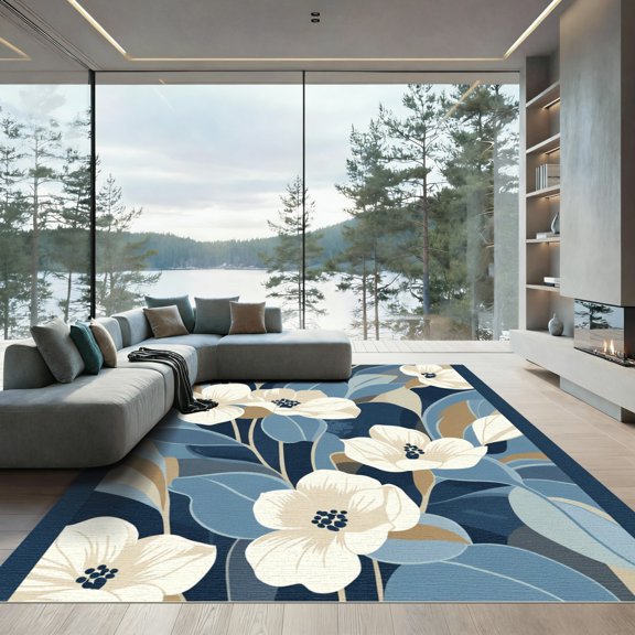 ODIKA 4'x6' Machine Washable Non-Slip Area Rug, Contemporary Navy Blue High Traffic Rug, Blue, 1080353