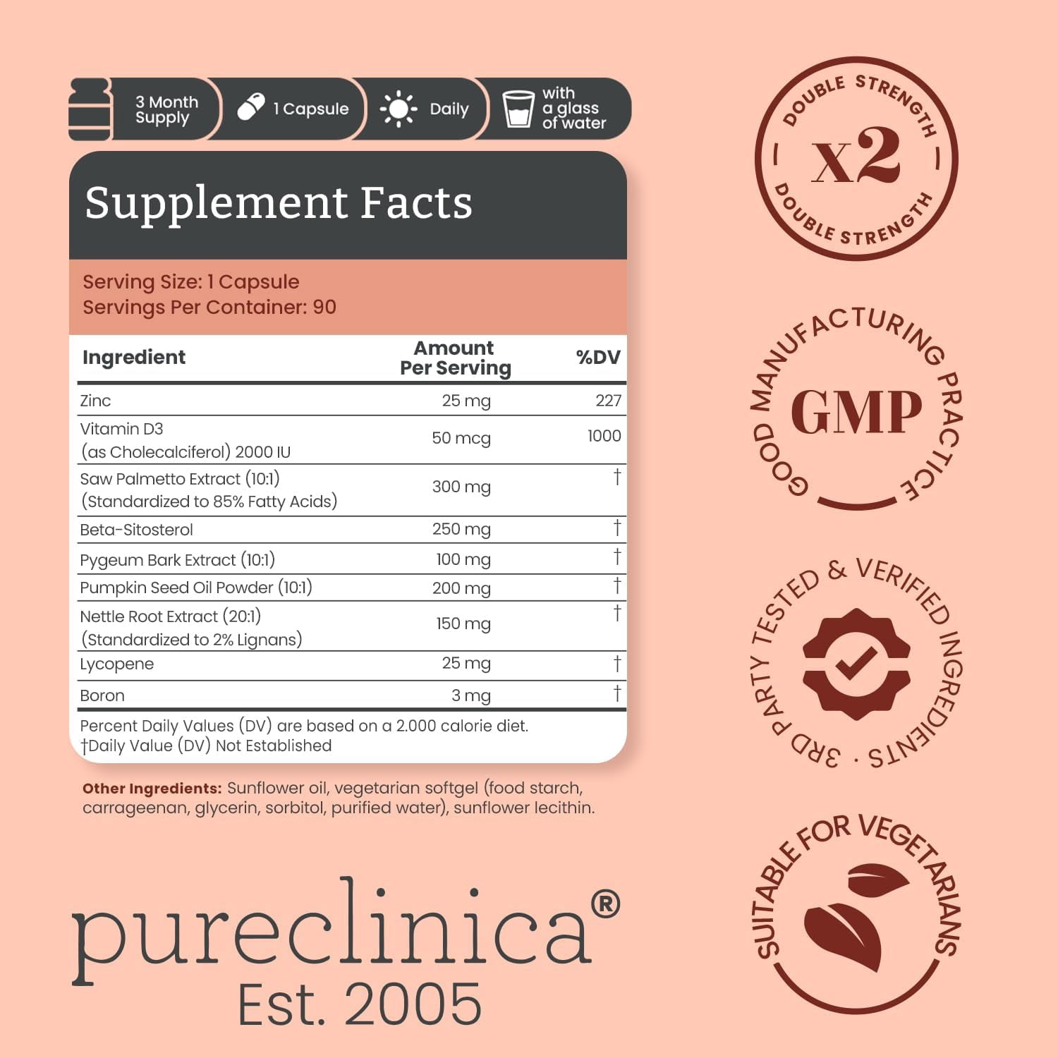 Pureclinica Extra Strength ProstaC, Premium Men’s Formula with Saw Palmetto, Beta-Sitosterol, Pygeum, Nettle, Lycopene, Zinc & Vitamin D3, 90 Capsules (3-Month Supply)