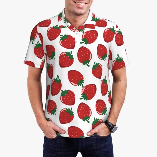 Balery Hand Drawn Strawberry Camisa Polo de Hombre con Estampado, de Manga Corta y Tejido Medio, Camisa Tipo Golf Polo-Large