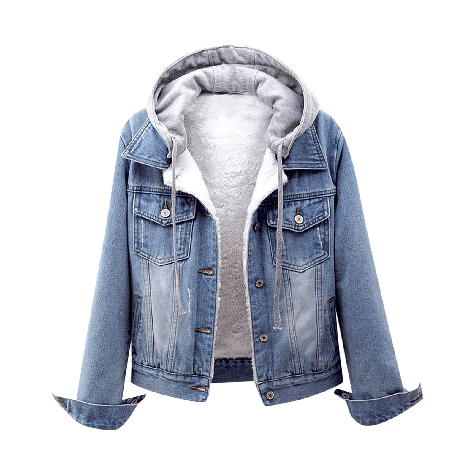 Fleece Lined Hooded Denim Jacket Warm Long Sleeve Button Down Casual Plus Size Winter Coats -