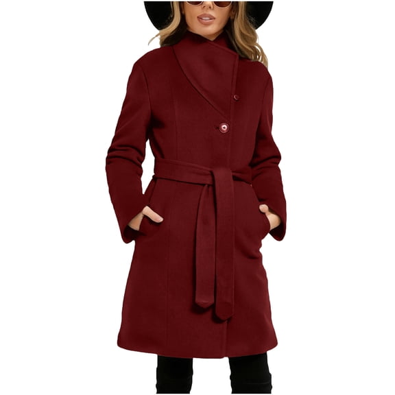 ClodeEU Women's Wool Blend Classic Stand Collar Pea Coat With Belt,Long Sleeve Winter Coat Wine,Womens Plus XL