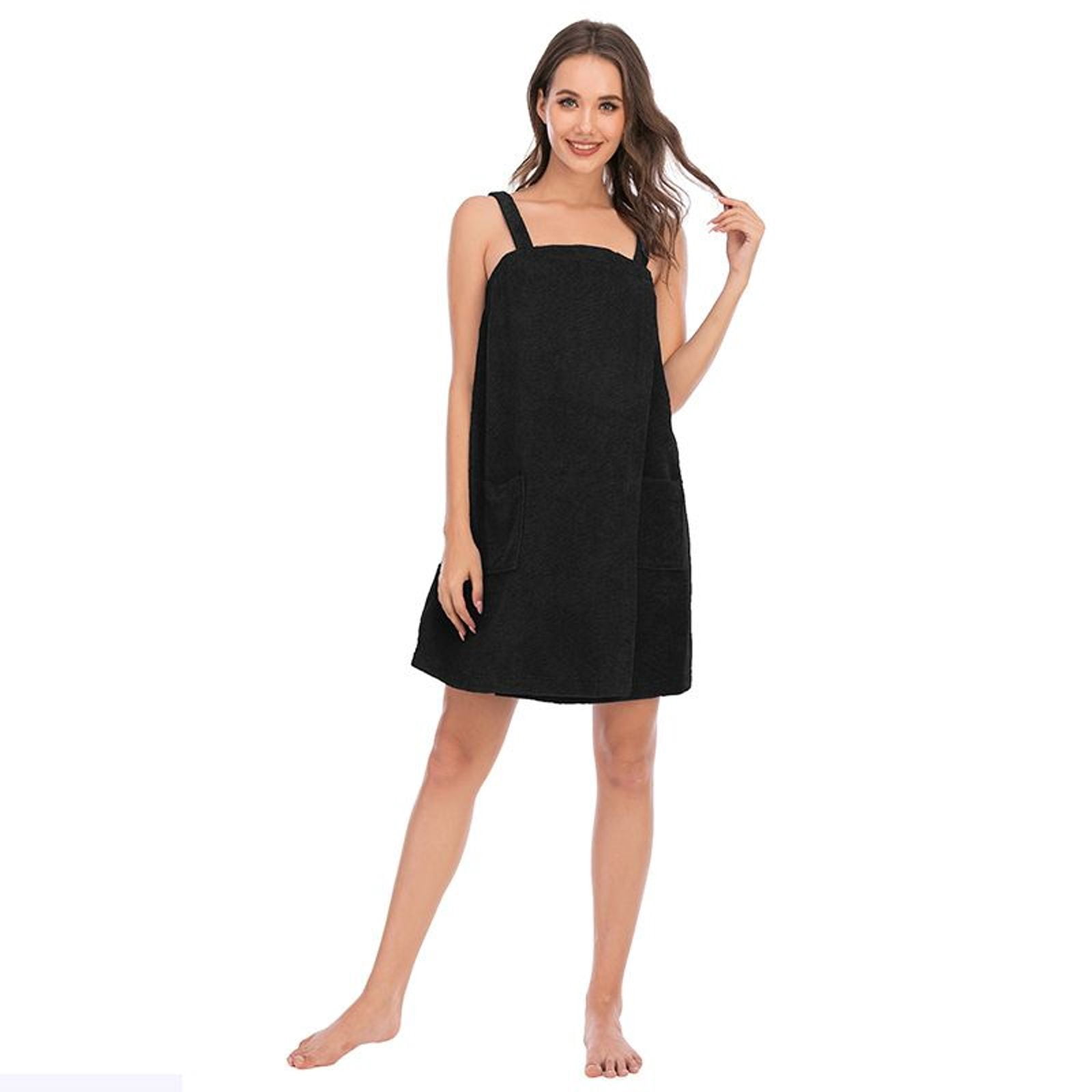 Defitshape Women's Terry Cloth Towel Wrap Bath Spa Soft Tank After Shower Dress Cozy Absorbent Bath Robe Sleeveless Shower Wrap Black 14