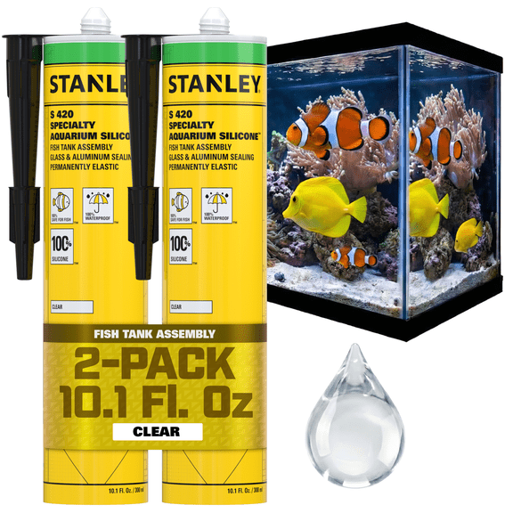 Stanley S420 Specialty Aquarium Silicone - Non-Toxic, Waterproof & Flexible Fish Tank Sealant, Clear, 10.1 fl oz - 2 Pack