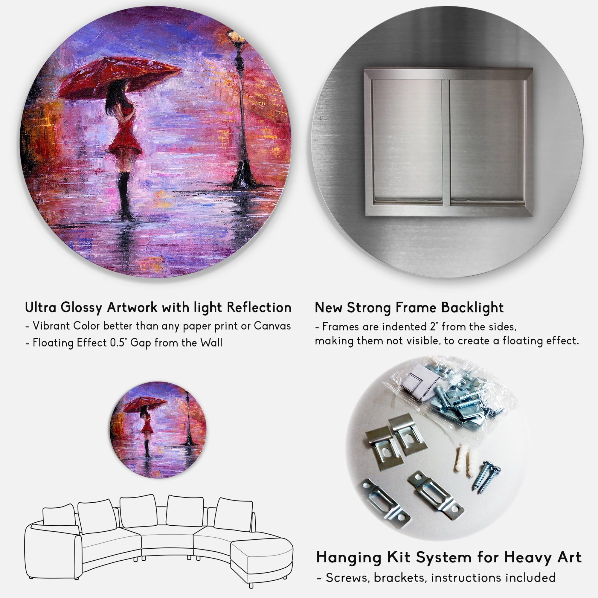 Designart 'The Girl With The Umbrella Walking In The Rain I' French Country Circle Metal Wall Art 29x29 - Disc of 29