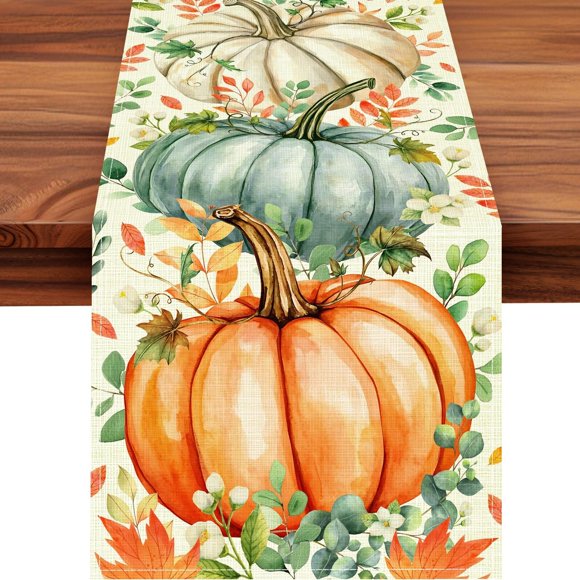 WANGQI Chemin de Table d'Automne avec Citrouilles et Feuilles d'Eucalyptus, Décorations de Table de Cuisine d'Automne pour l'Action de Grâce, Décoration de Fête à la Maison