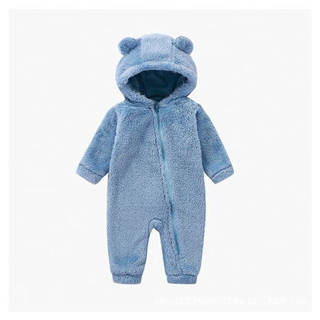 LIIPEE Girls Romper Solid Color Soft Jumpsuit For Baby Infant Winter Warm Hooded Bodysuit Comfortable Breathable Cute Daily Onesie Blue 0-3 Months