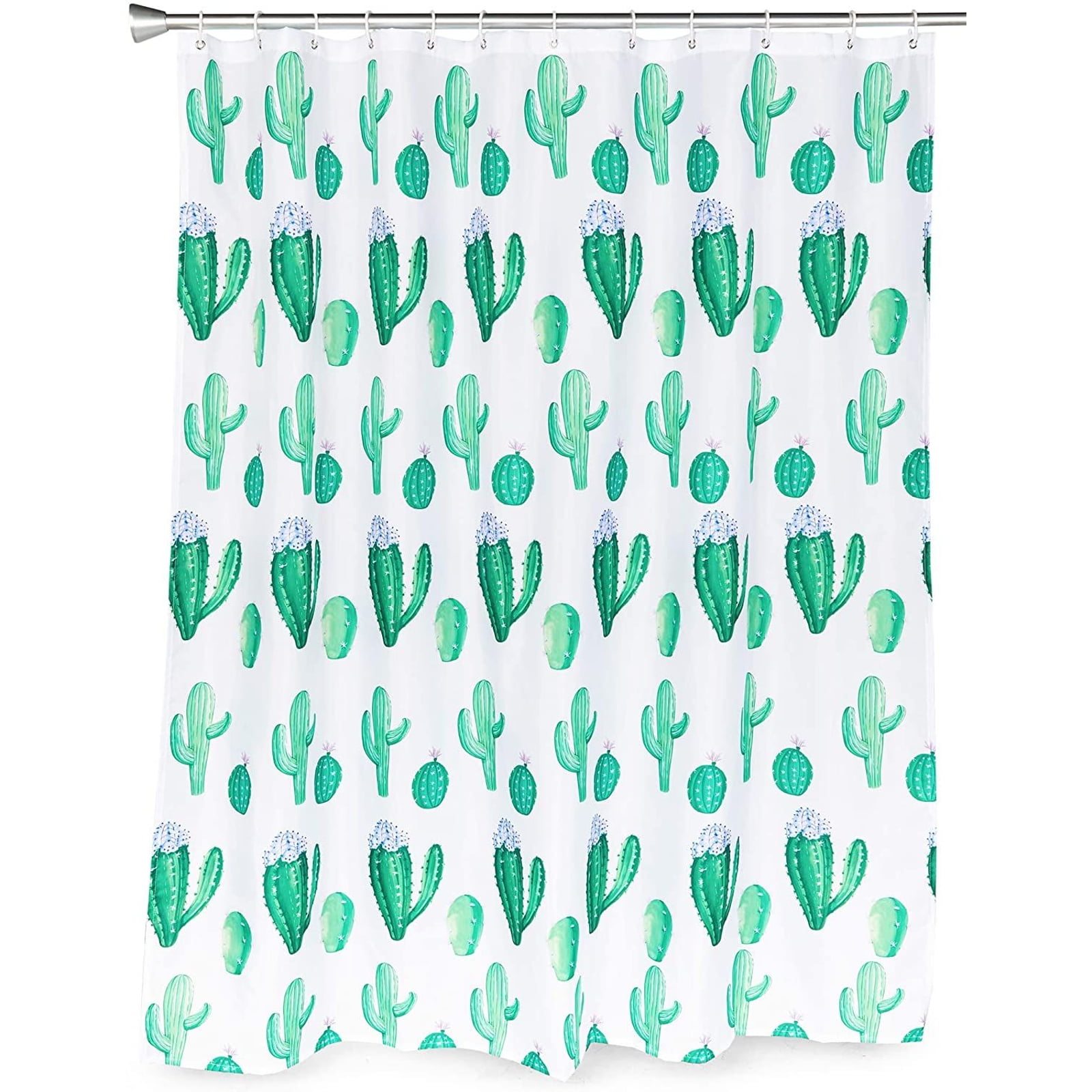 Green Cactus Bath Shower Curtain Set Polyester with 12 Hooks for Western Bathroom Decor 71'x70', White