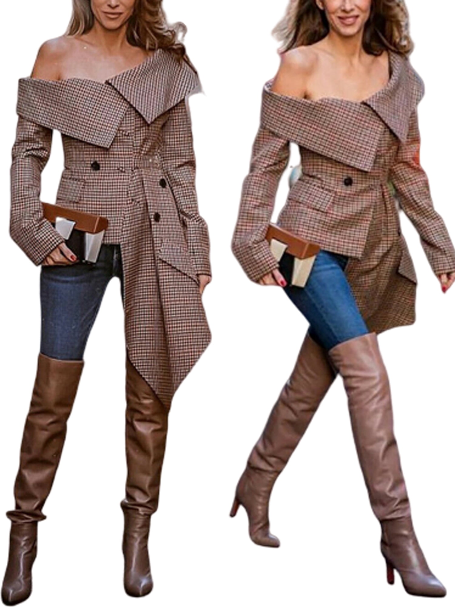 Eyicmarn Women Off shoulder Plaid Blazer Jacket Top Outwear Long