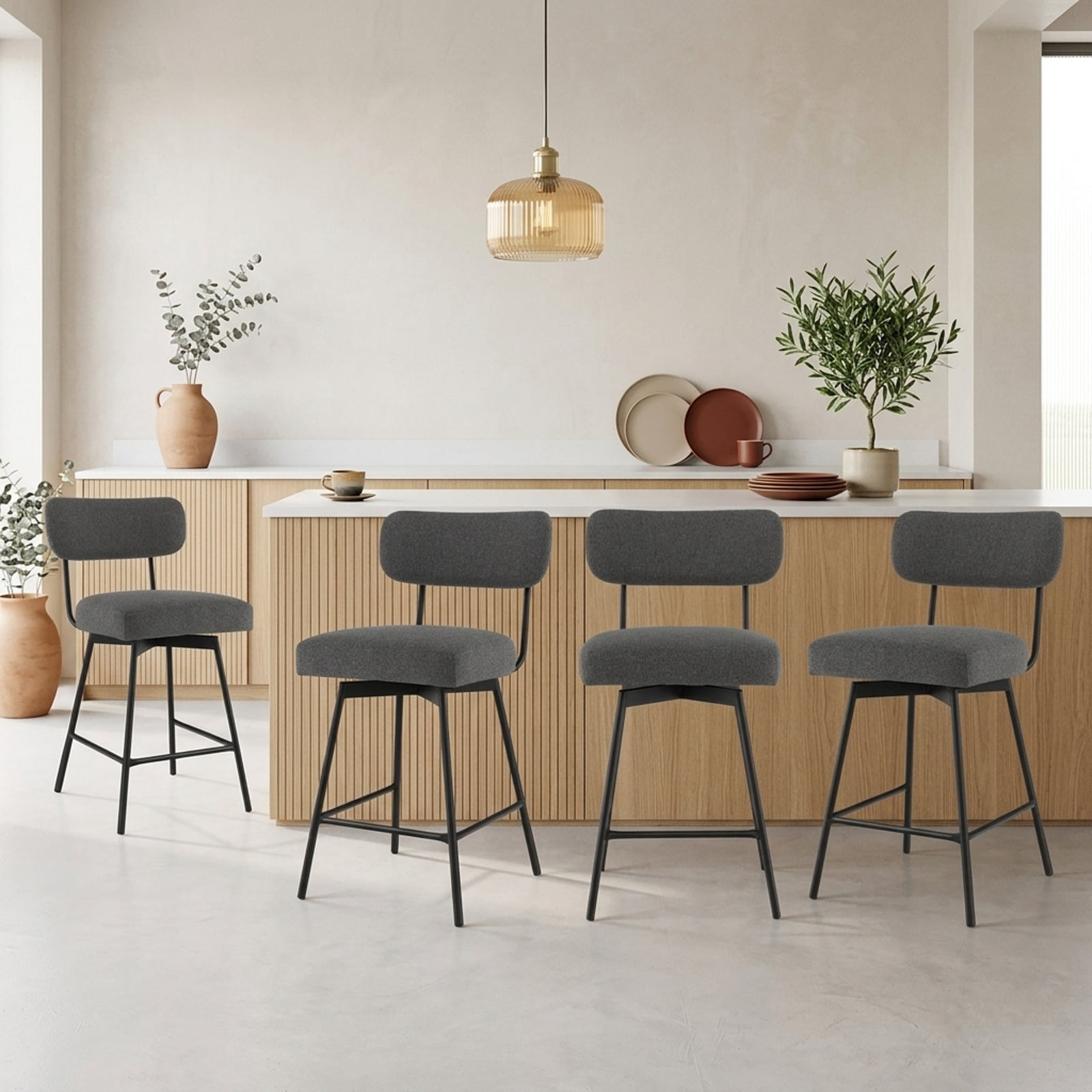 Furnibear Set of 2 Modern Upholstered Bar Stools 25 Inch with Back and Footrests in Gray