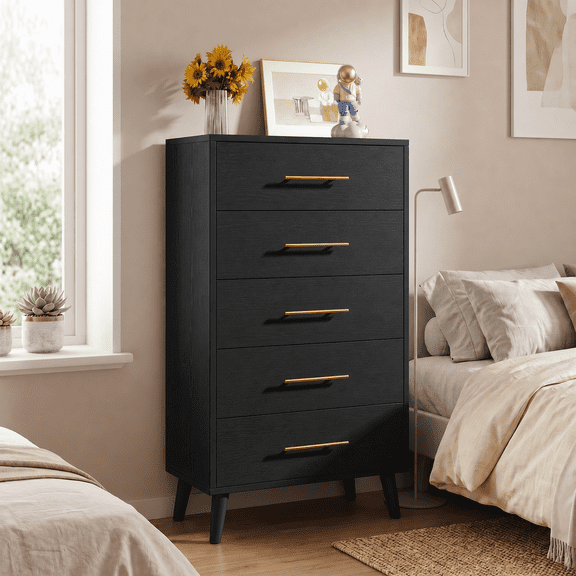Asofer 5 Drawer Dresser for Home, Wood Chest of Drawers with Metal Handle for Bedroom, Black
