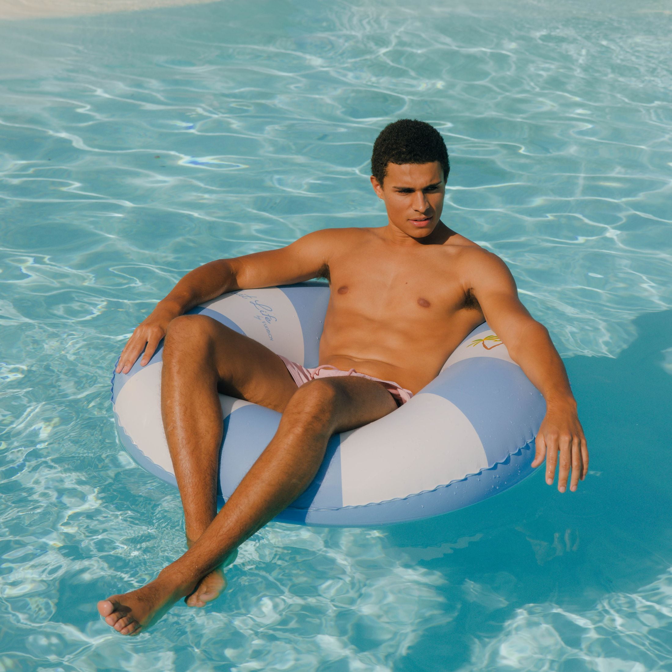 Float Life by FUNBOY Blue Cabana Stripe Luxury Tube Pool Float, Cup-Holder, 43" Oversized Design, Adults or Children Ages 8+