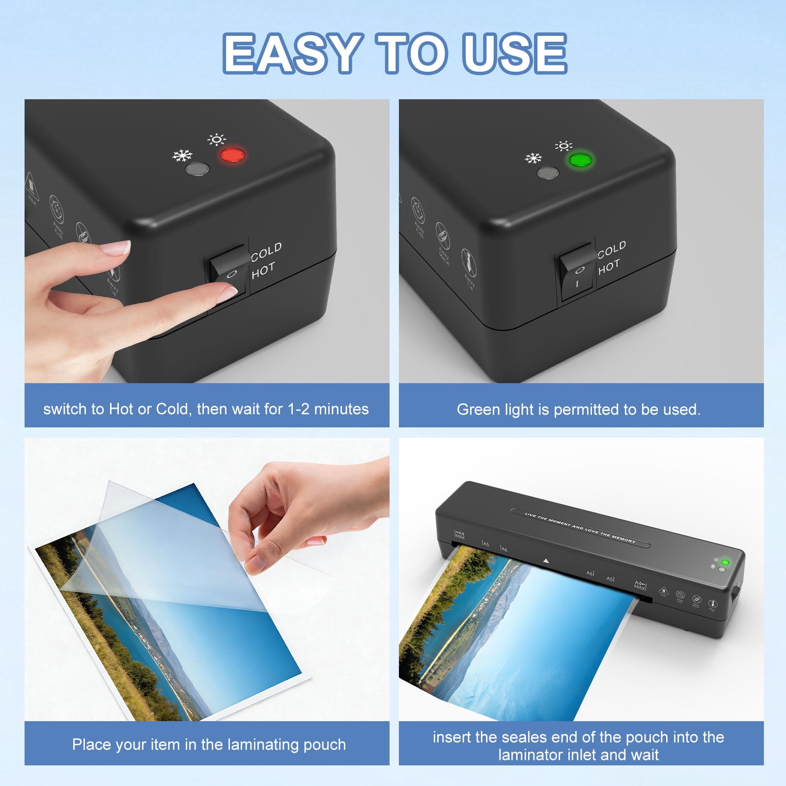 Laminator Machine, 9 Inch with 10 A4 Sheets Thermal, Ture Mini Size, Hot and Cold Dual Modes, Fast Warm Up（Black）