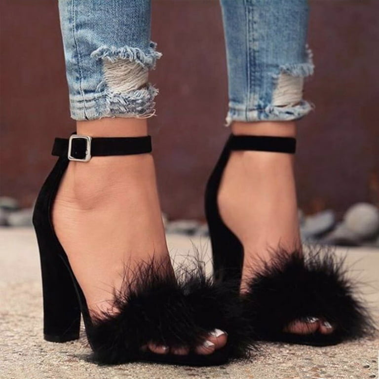 Sandals Women Pumps Chuncy Fashion Buckle Strap Fluff Thick Heel High Heels  Shoes Black 40