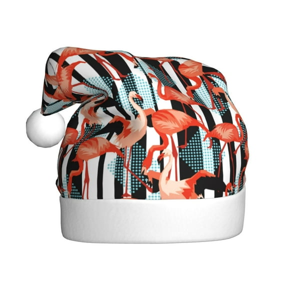 Fuzoiu Cool Flamingo Print Santa Hat Christmas Hat for Adults,Santa Hats with Pompom, Unisex Xmas Holiday Hat for Christmas New Year Festive Party Supplies