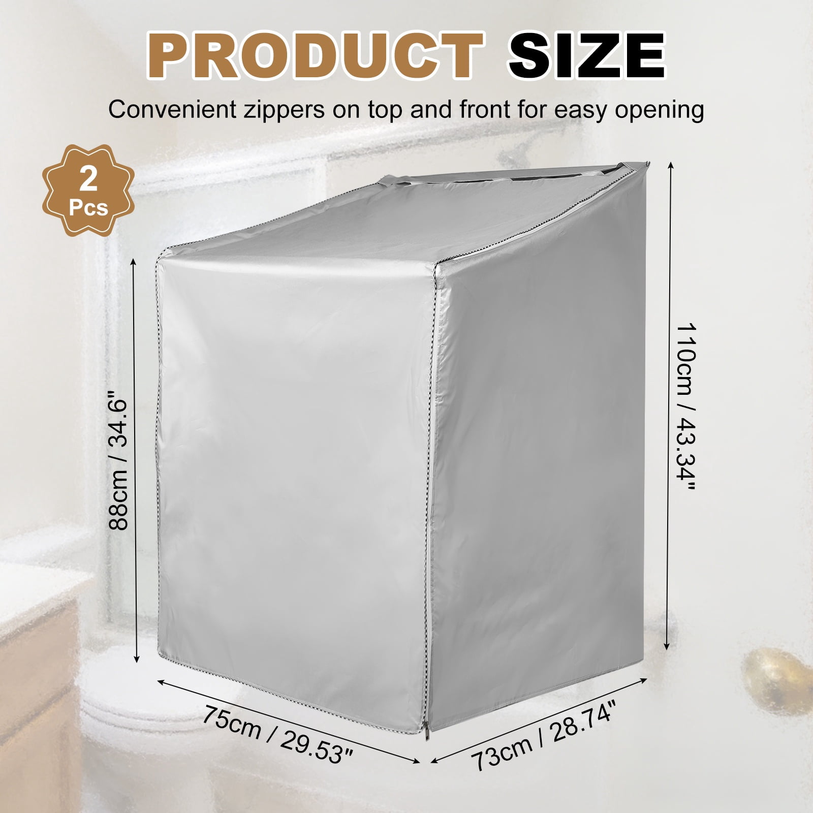 Uxcell 2pcs Washer and Dryer Covers (28"Wx29"Dx43"H) - Waterproof, Dustproof, Washer Machine Cover with Zipper Laundry Cover for Top Load and Front Load Washing Machine, Silver