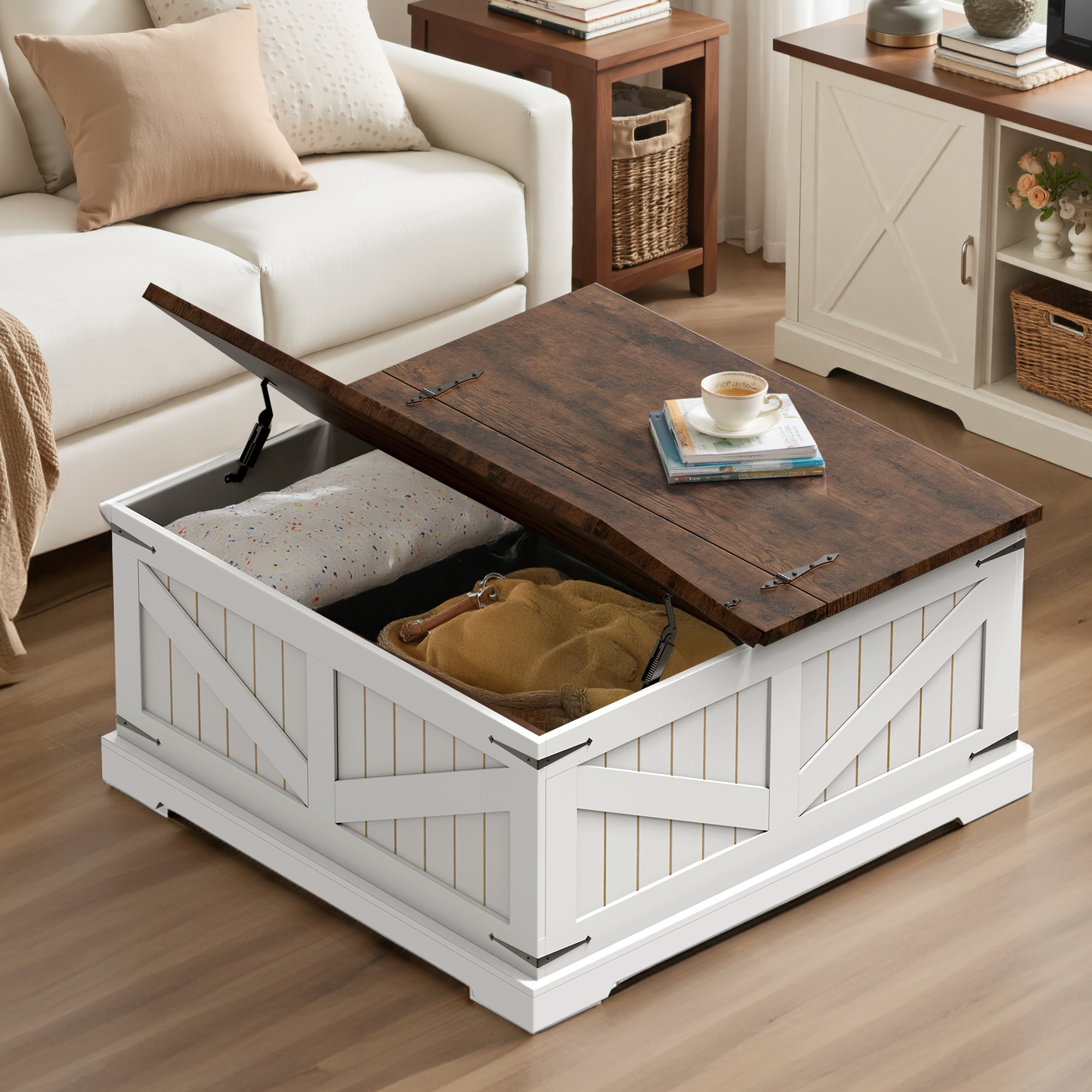Spanspace Farmhouse Coffee Table with Storage, 31.5" Square Center Table with Dual Flip-Top Lids and Hidden Compartment, Rustic Wood Coffee Table for Living Room, Bedroom, Home Office, White