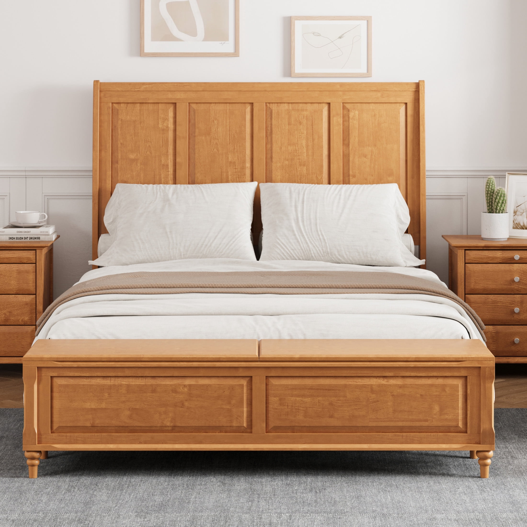 GDF Studio Queen Size Solid Wood Sleigh Bed with Tall Headboard and Storage Bench, Natural