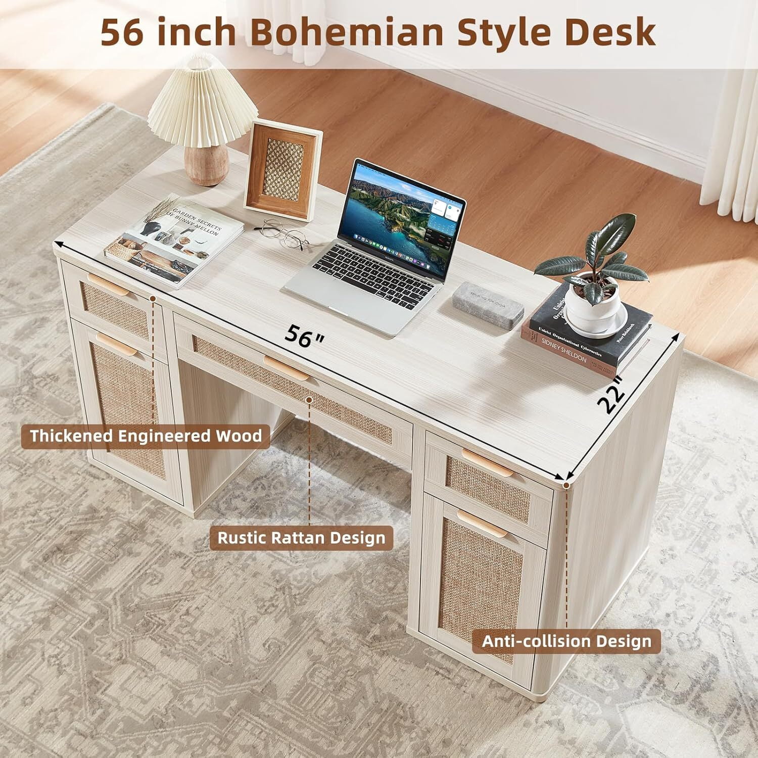 56" Home Office Desk with 3 Drawers & 2 Cabinet, Modern Computer Desk with Small Space, Corner Computer Desk, Grey White