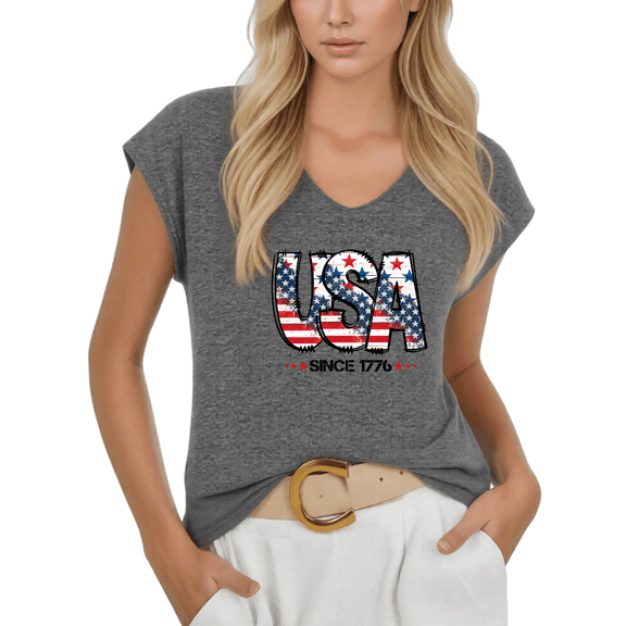 Cozymy Womens USA Since 1776 Tshirt V Neck Short Sleeve Patriotic Graphic Tees American Flag Shirts Tops