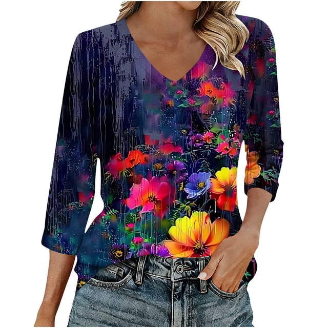 Mujeres 3/4 Manga Tops Cuello en V Raglan Suéter Casual Impreso Blusa de Moda para el Trabajo Tops