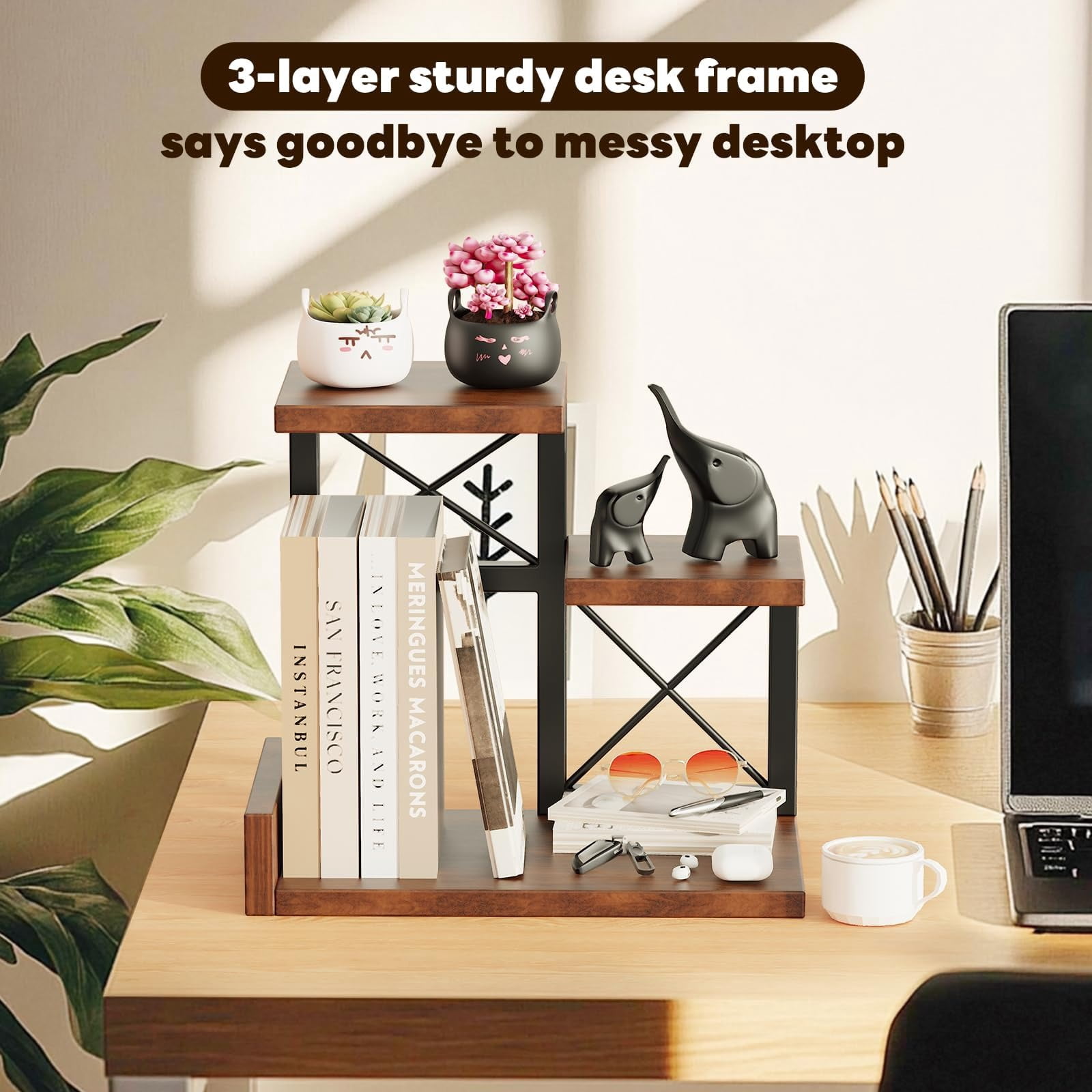 3-Tier Wood Desk Shelf Organizer Riser, 12.6 Inch Compact Desktop Hutch Storage Display Stand Set