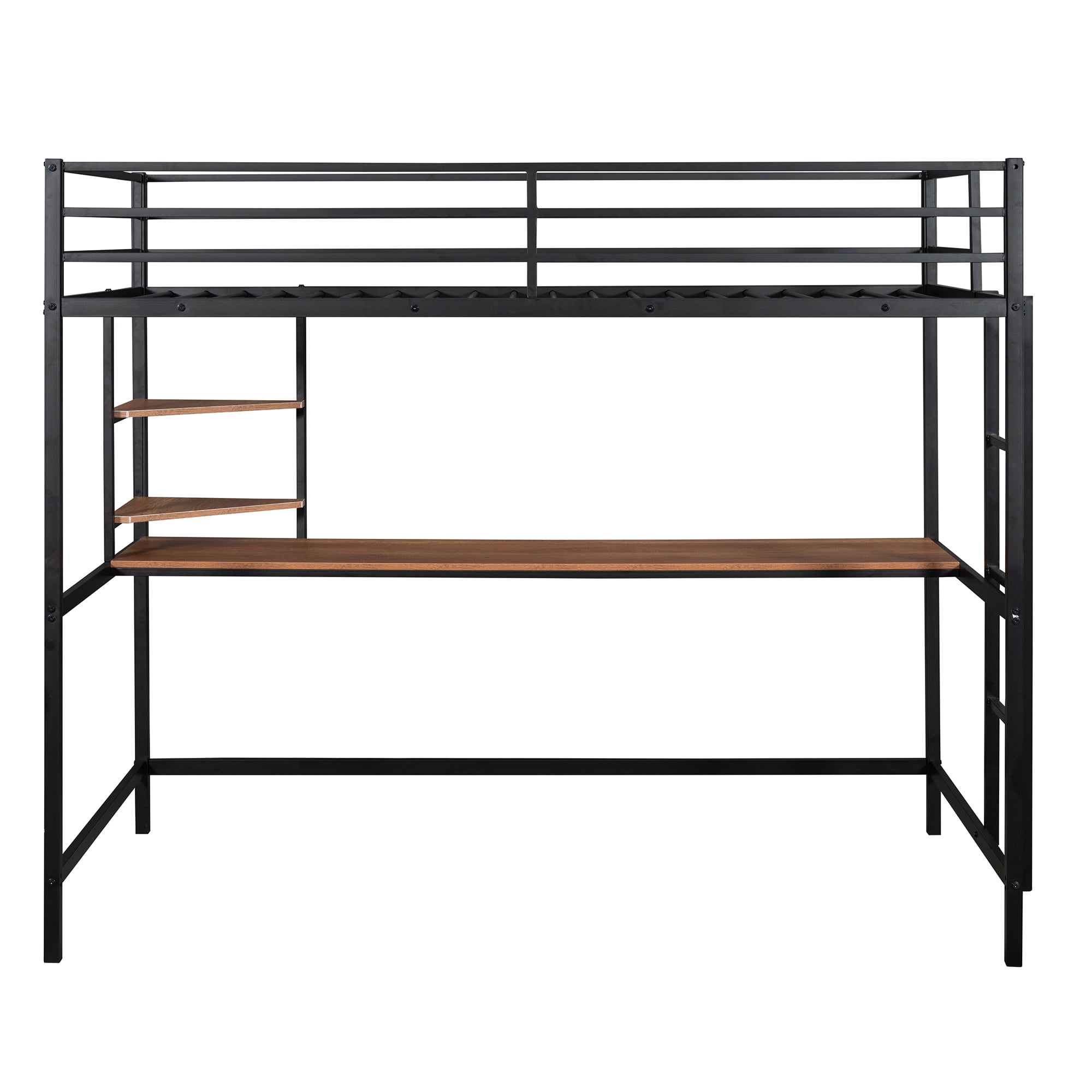 Gewnee Twin Heavy Duty Metal Loft Bed Frame  with Desk and Shelves ,Ladder and Full-Length Guardrail,Black
