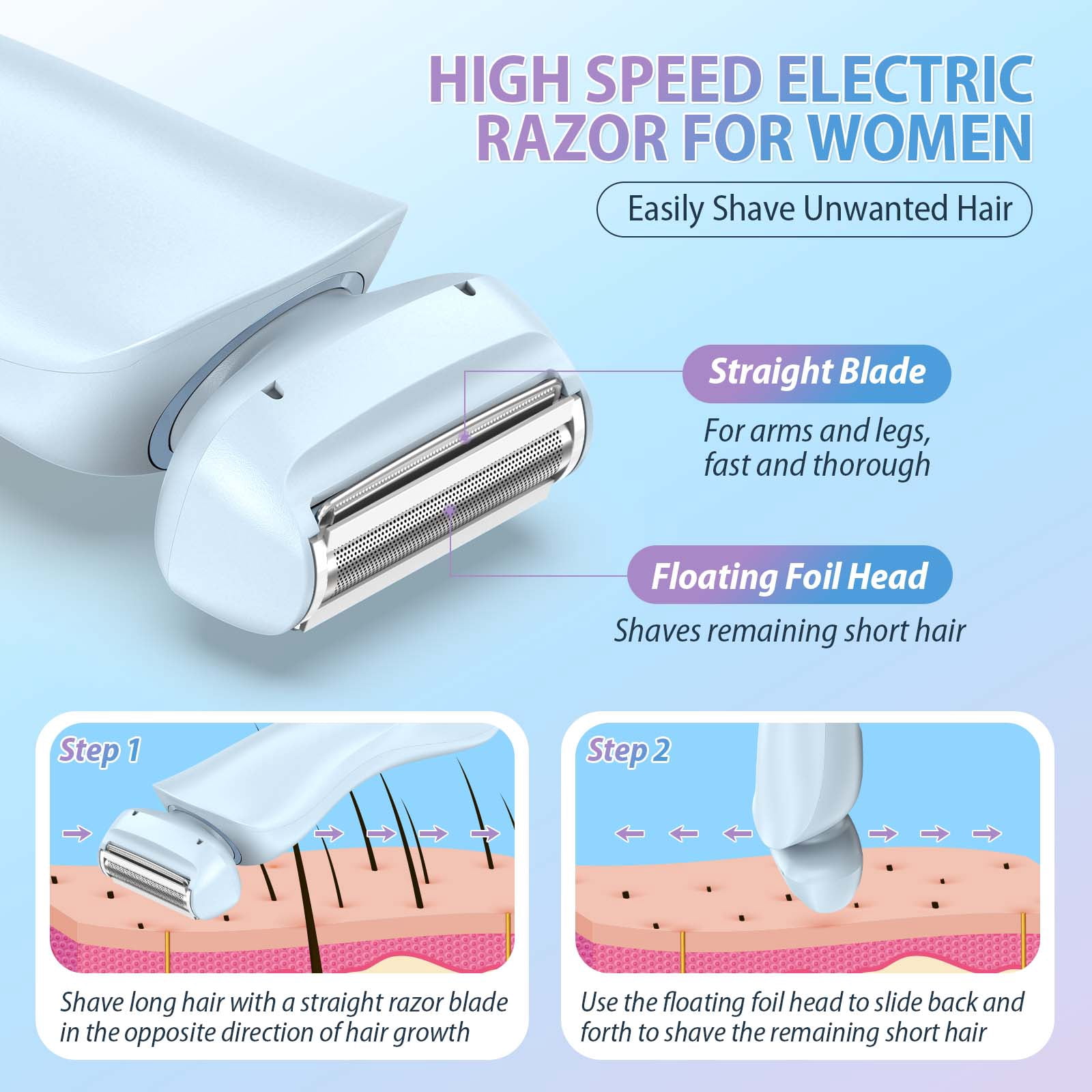HOOICB Electric Shaver for Women, 2-in-1 Rechargeable Electric Razors for Women with Precision Trimmer Head, Painless Shaving, Wet Dry Use Bikini Trimmer