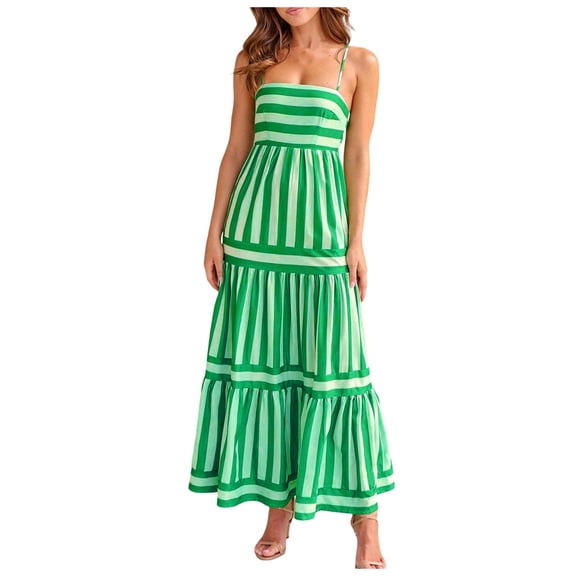 weeloloe Dresses for Women 2024 Casual Summer Sleeveless Spaghetti Strap Stipe Swing Flowy Tiered Ruffle Beach Sundress Loose Hem Party Daily Formal Club Midi Dress Green XL