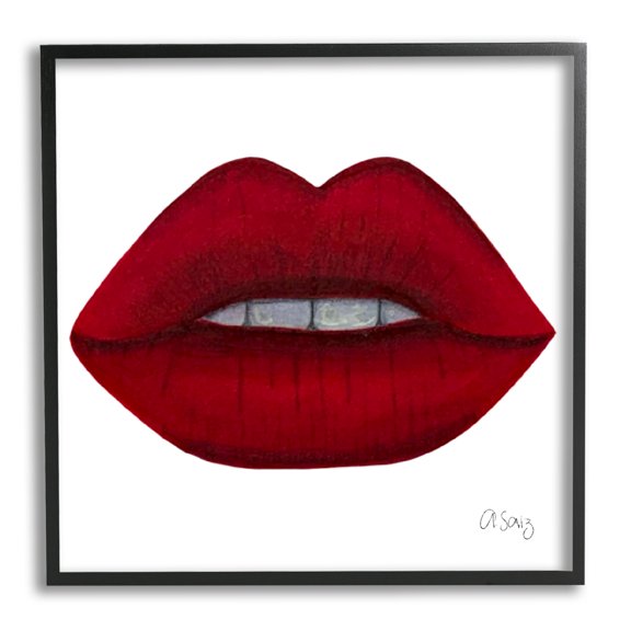 Stupell Industries Red Lips on White Beauty & Fashion Painting Black Framed Art Print Wall Art, 17 x 17