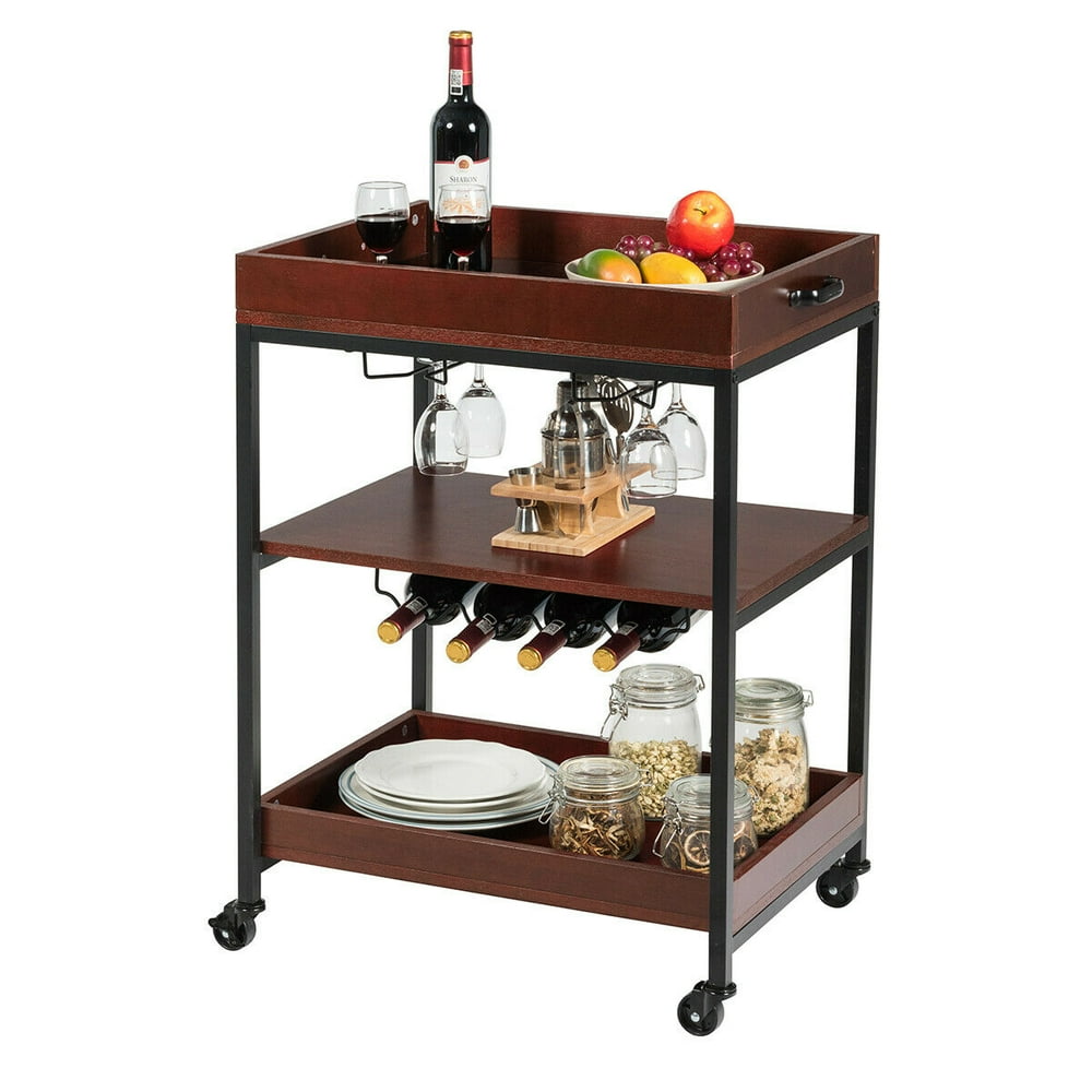 Gymax 3 Tier Trolley Cart Kitchen Island Serving Bar Cart w/ Glass