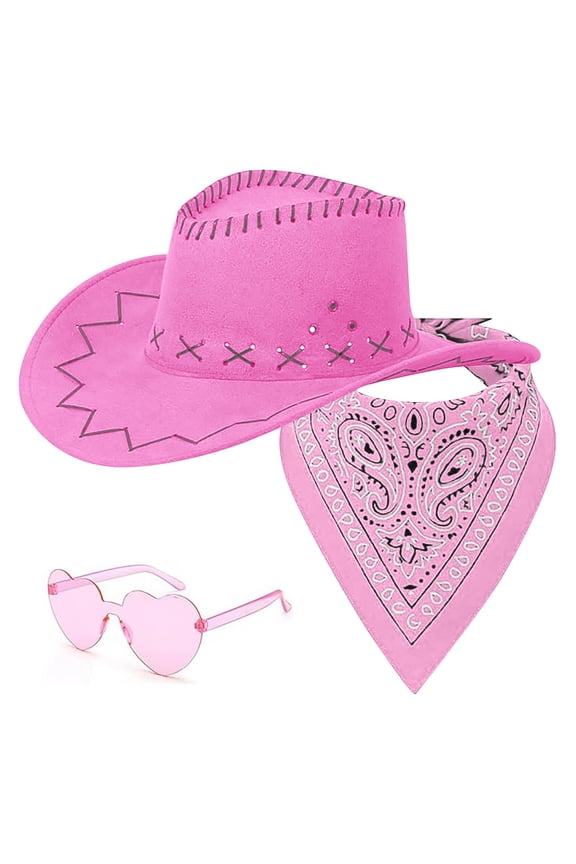 Western Cowboy Hat Scarf and Glasses Set for Men Women AURORADY Classic Cowgirl Cowboy Hat with Sunglasses Bandanas Party Outdoor Daily Wear, Pink One Size Scarf ,Hat,& Gloves