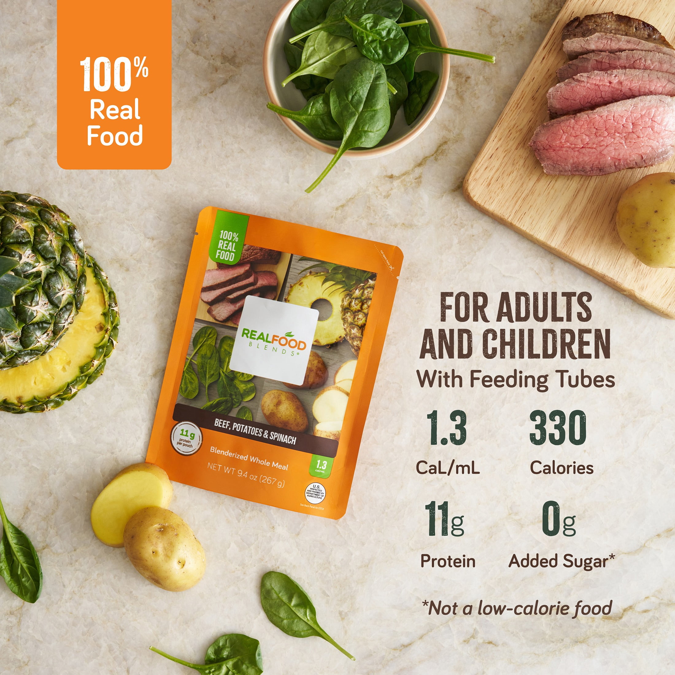 Real Food Blends Beef, Potatoes & Spinach - Pureed Food Meals for Tube Feeding with Protein, Vegetables & Fruits - 330 Calories for Lunch & Dinner - 9.4 oz (Pack of 12)