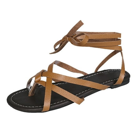 

Duretiony Women Lace Up Gladiator Sandals Summer Beach Casual Flat Flip Flops Shoes
