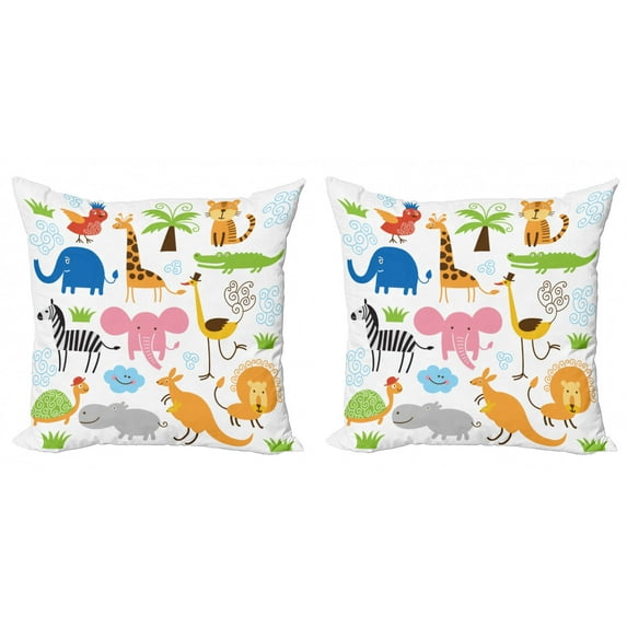Ambesonne Animal Throw Pillow Cover 2 Pack, Cartoon Giraffe Zebra Turtle, 24", Multicolor