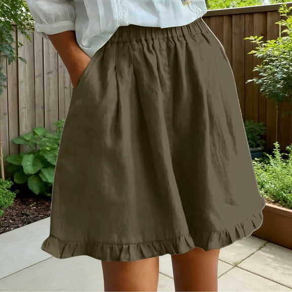 ClodeEU Women's Summer Elastic Waist Ruffle Hem Shorts,Casual Comfy Loose Fit Linen Cotton Shorts with Pockets Army Green,Women's Plus L