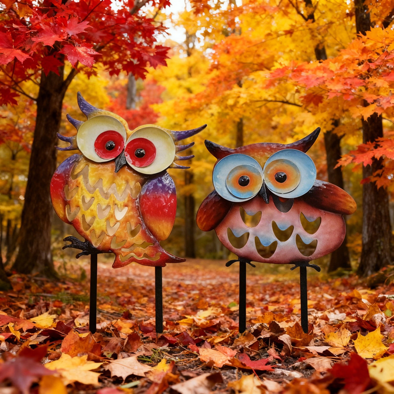 Metal Owl Garden Stake Set Of 2 Colorful Iron Art Yard Decorations For Outdoor Patio Lawn Garden Decor