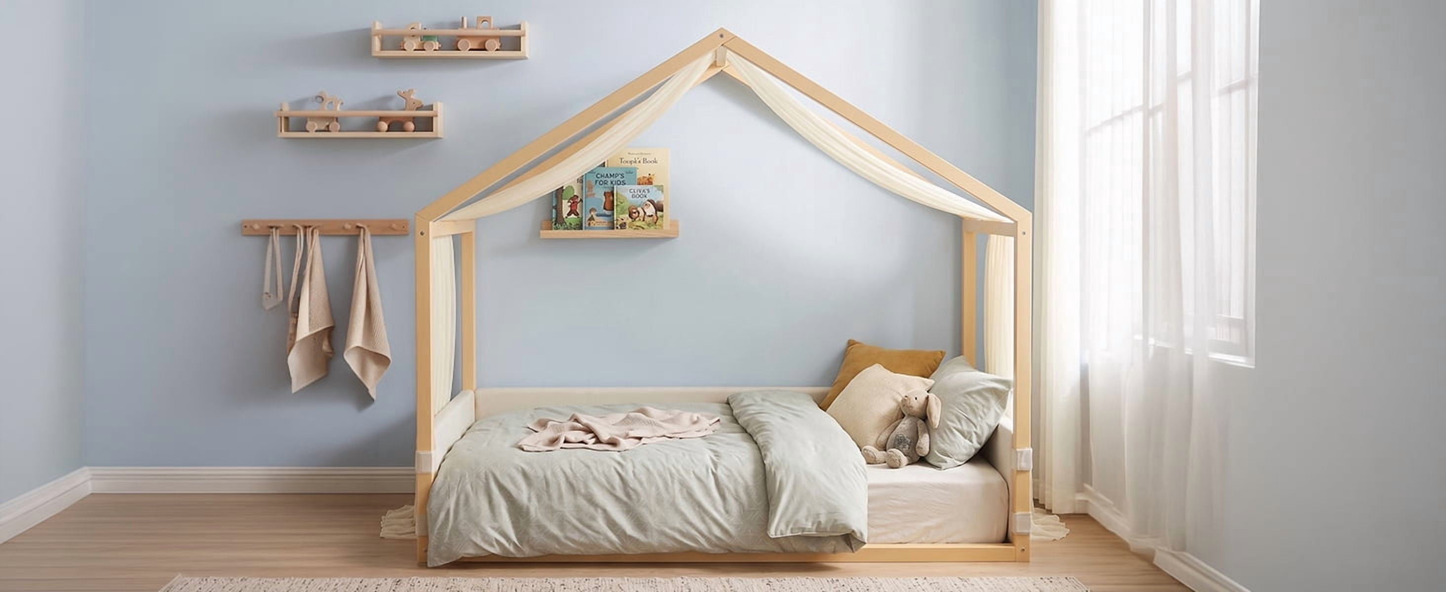 Mintazer Twin Size Montessori House Floor Bed with Breathable Gauze Canopy & Velvet Upholstered Side Guard Panels, Low Platform Kids Playhouse Bed Frame for Bedroom Guest Room, Natural