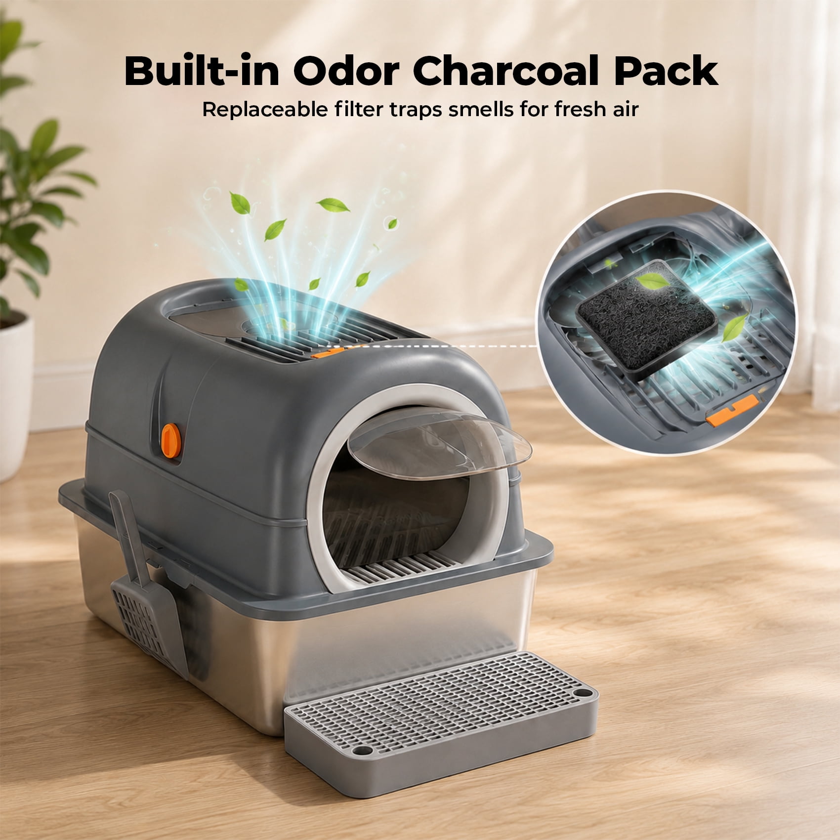 Alvantor Double-Entry Convertible Lid Cat Litter Box, 3-in-1 Stainless Steel Cat Litter Box, 23.62"x15.75"x15.75", Multicolor