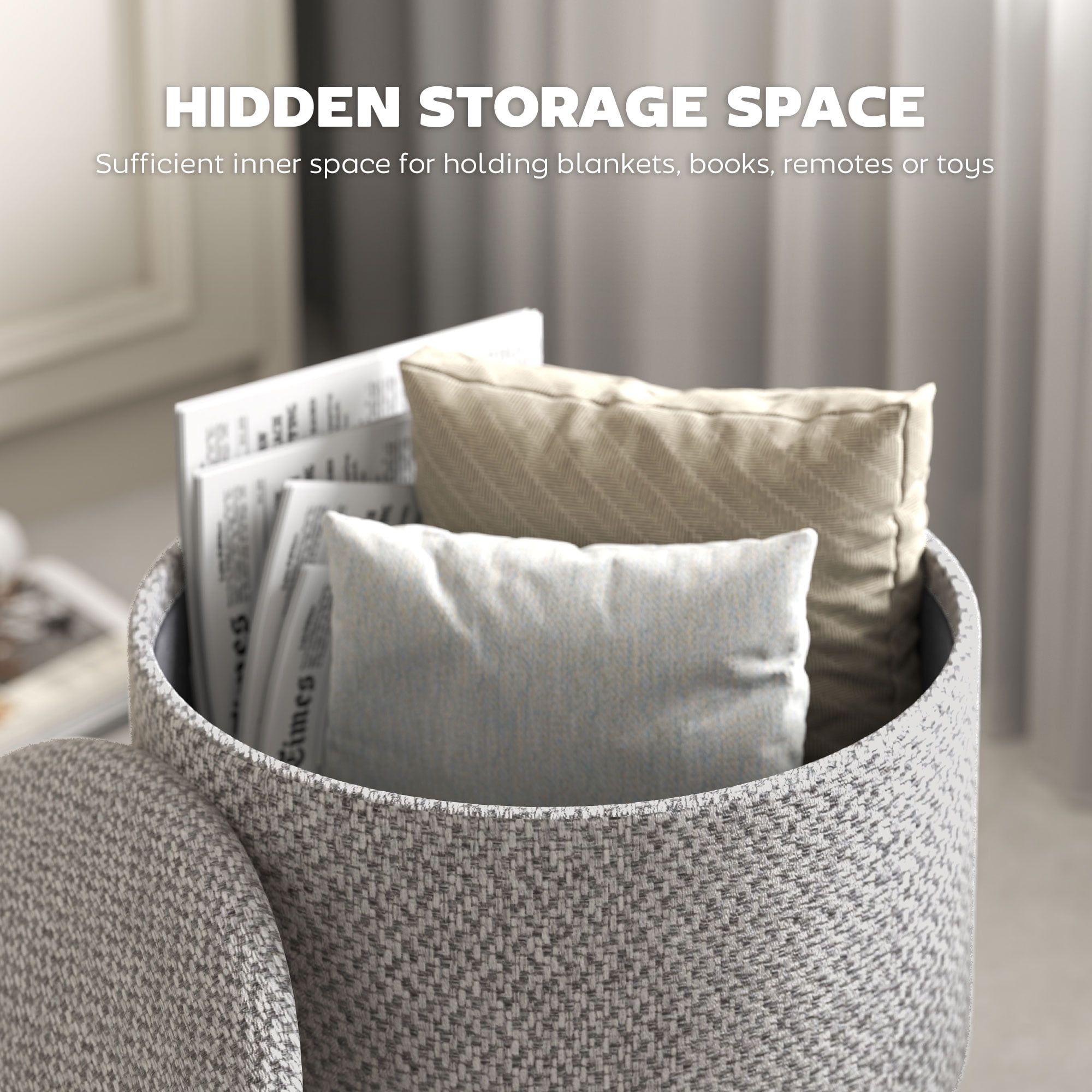 HOMCOM Storage Ottoman, Round Footstool with Linen Feel Fabric Upholstery, Removable Top, Hidden Space and Wood Legs for Living Room, Light Gray