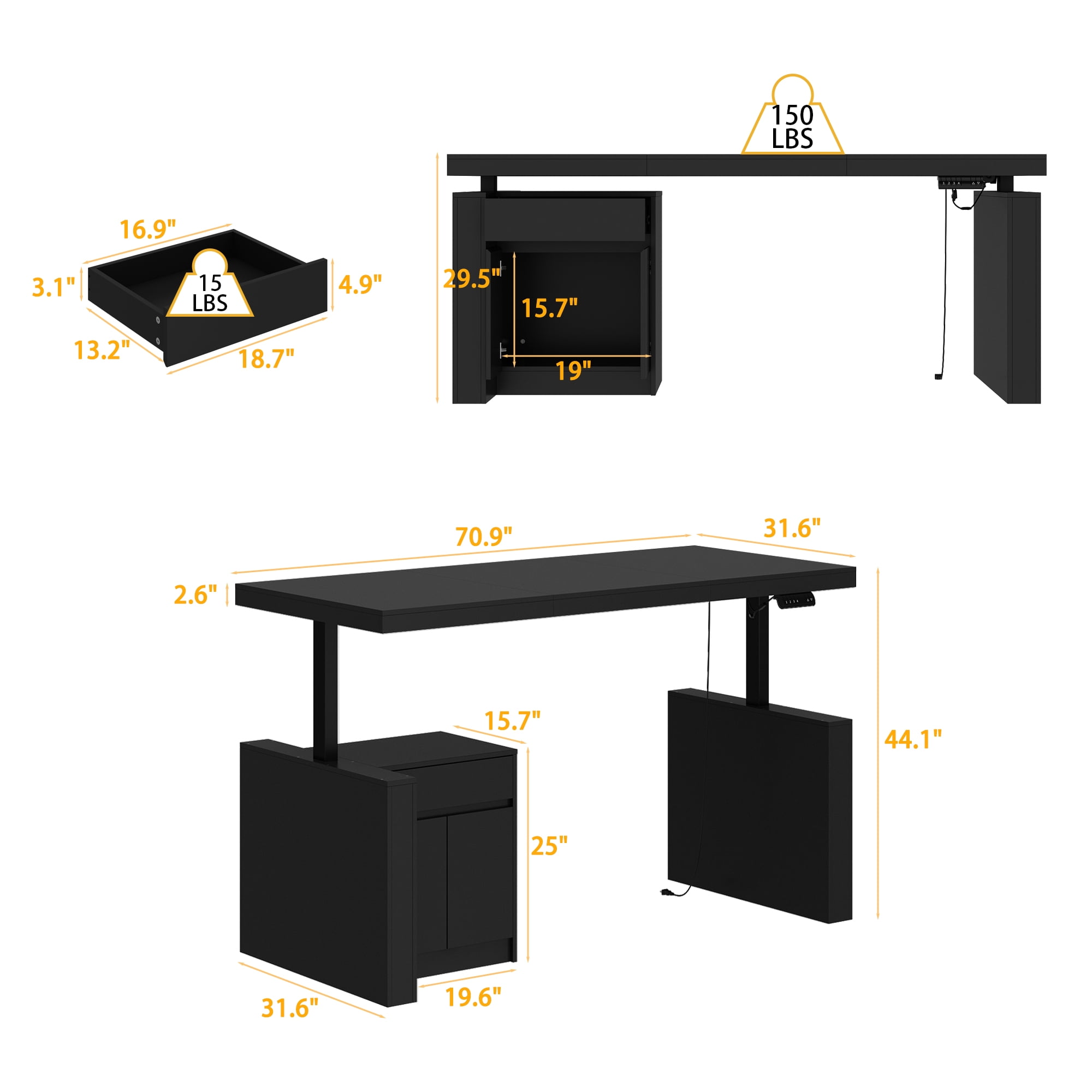 KULAGAGA Home Office Electric Standing Desk with Drawer and Cabinet, Height Adjustable Stand up Desk, 70.9" Computer Executive Corner Table, Black