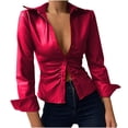thumbnail image 1 of DPTALR Women Classic Solid Color Blouse Slim Buttons Lapel Long Sleeve Tunic Tops, 1 of 6