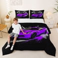 thumbnail image 2 of Castle Fairy Retro Racing Car Queen Comforter Set 3pcs for Boys, Checkered Flag Print Bedding Comforter Set for Bedroom, Purple Black,Black Reversible, 2 of 6