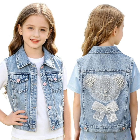 NAISIBABY Girls Denim Vest – Sleeveless Button-Front Jacket with Decorative Bow-Embellished Pockets Blue Size 11