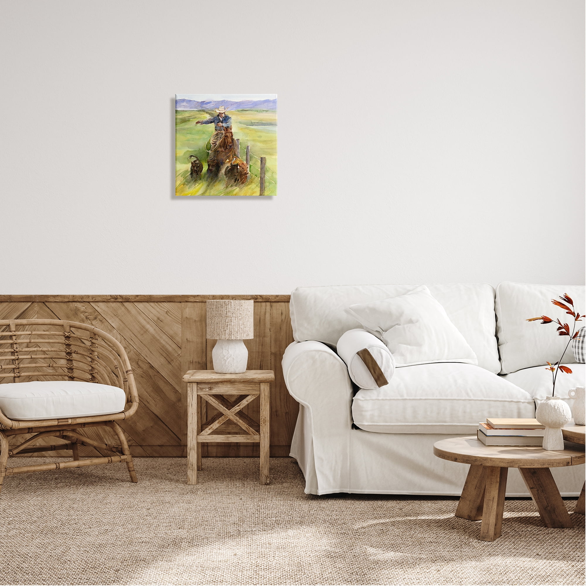 Stupell Industries Cowboy with Cattle Watercolor Animals & Insects Painting Gallery Wrapped Canvas Art Print Wall Art, 17 x 17