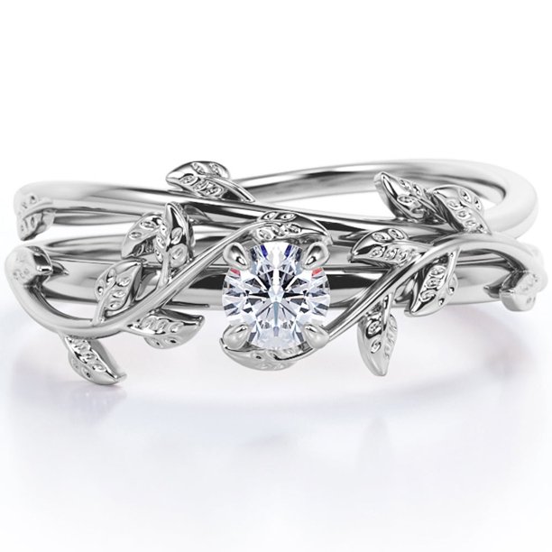 JeenMata Anillo de Bodas Solitario de Moissanita de Corte Redondo con Diseño de Enredadera de Hojas de 0,5 Quilates y 4 Puntas Engastado en Oro Blanco de 18 K sobre Plata