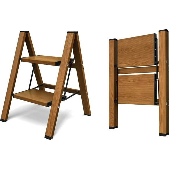 2 Step Ladder, Aluminum Lightweight Folding 2 Step Stool with Anti-Slip Wide Pedal, 330lbs Capacity Ladder for Household and Office(Woodgrain)