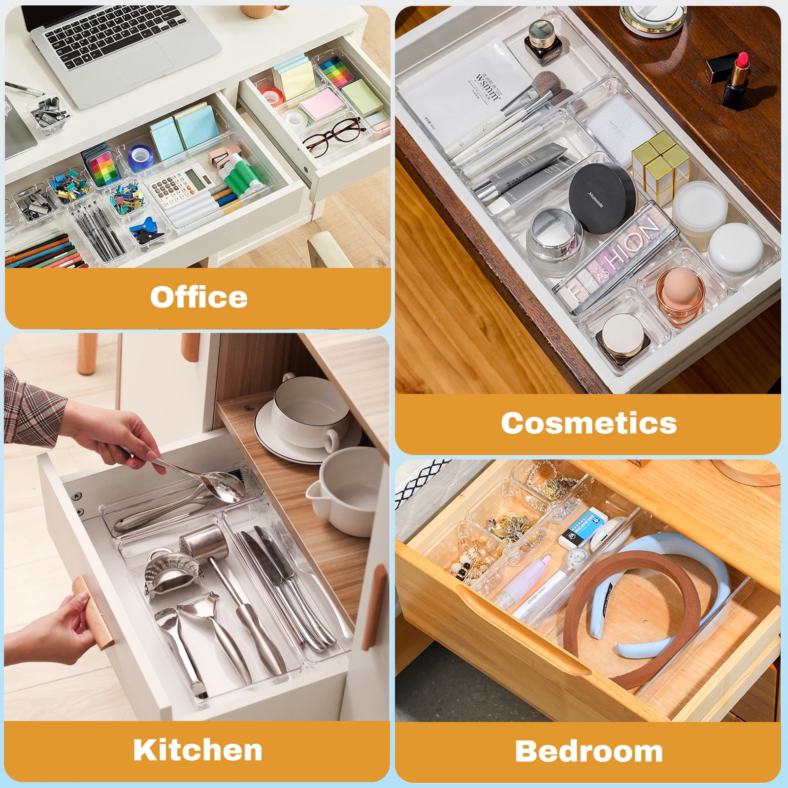 Lockways Drawer Organizer, 28Pcs Clear Plastic Makeup Drawer, 4 Sizes Vanity Organizer and Storage Bins for Makeup, Jewelry, Gadgets for Bathroom, Bedroom, Office