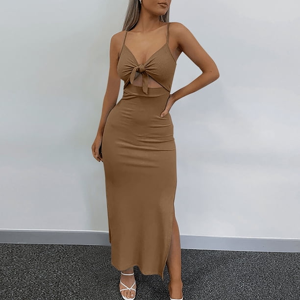 Puntoco Vestidos Mujer Verano Sexy Moda Mujer Sin Mangas Sólido Cuello En V Señoras Camies Chaleco Vestido Largo