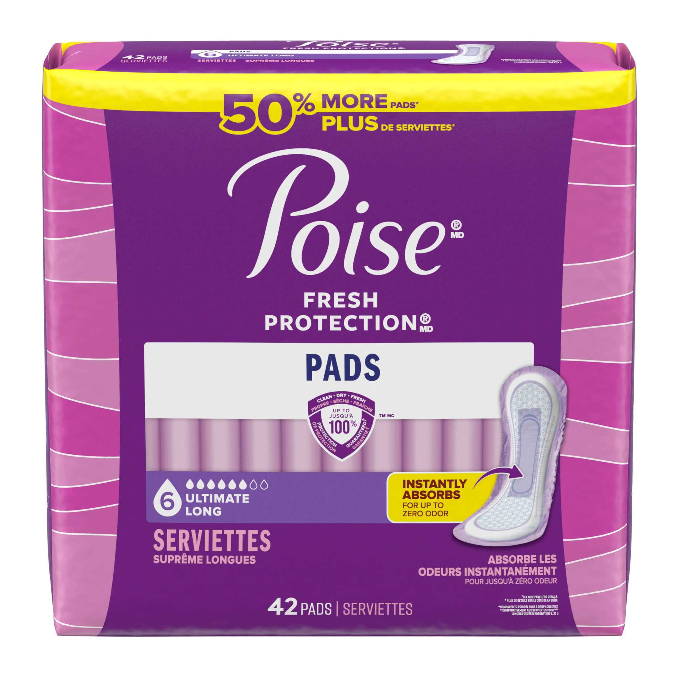 Poise Incontinence Pads for Women, 6 Drop Ultimate Absorbency, Long Length, 42 Count