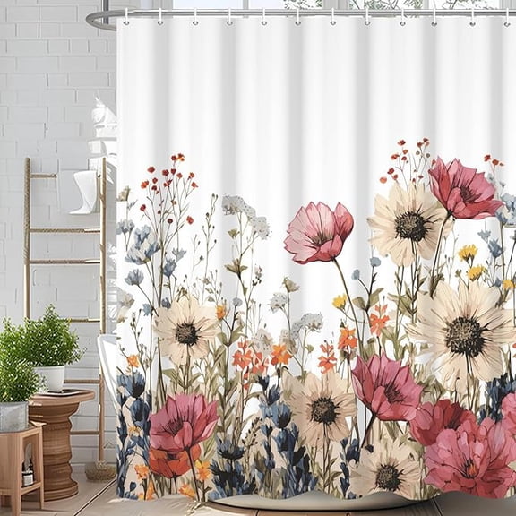 Daisy Wildflower Shower Curtain Watercolor Floral Blossom Printed Bath Curtain Waterproof Washable Fabric Bathroom Bathtub Decor Shower Curtain Set With Hooks 36"W x 72"L